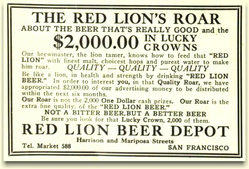 Red Lion Beer Depot ad, ca.1912